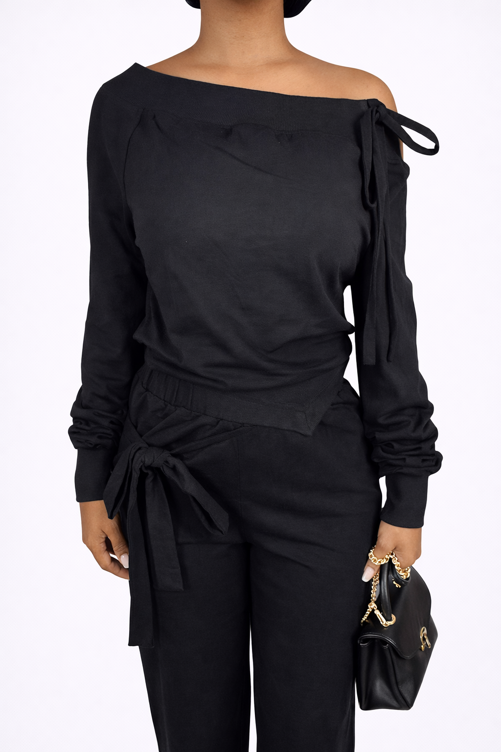the tie draped off-shoulder wide leg pants set — black