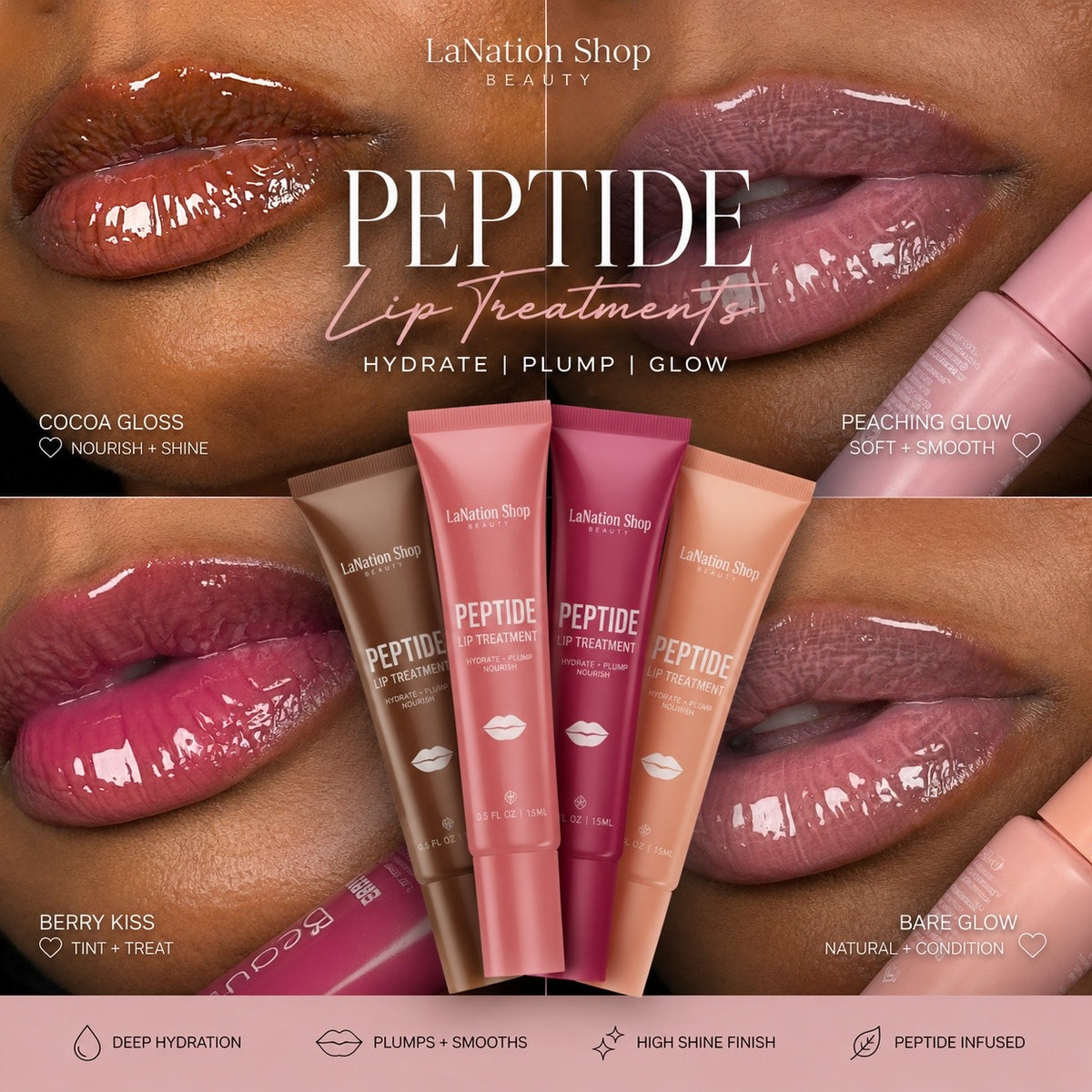 Peptide Lip Treatment by LaNation Beauty — hydrating plumping lip gloss in five flavors