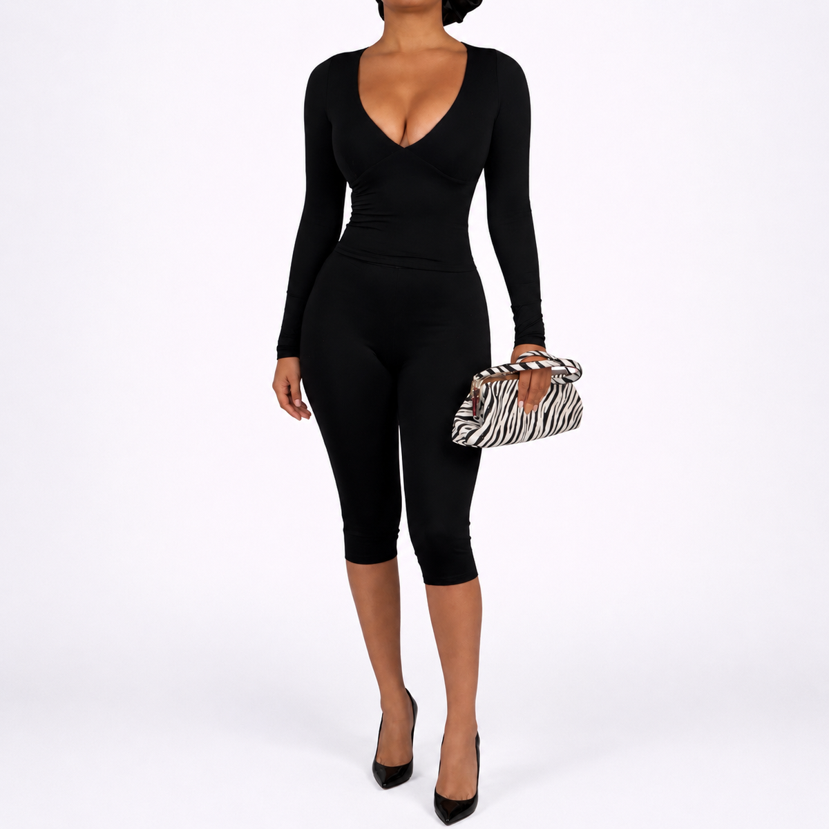 sculpt v-neck long sleeve capri set — black