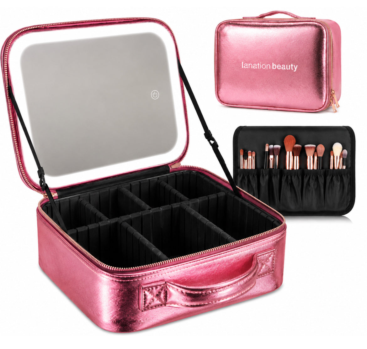 LaNation LED Vanity Bag in metallic pink with removable lighted makeup mirror