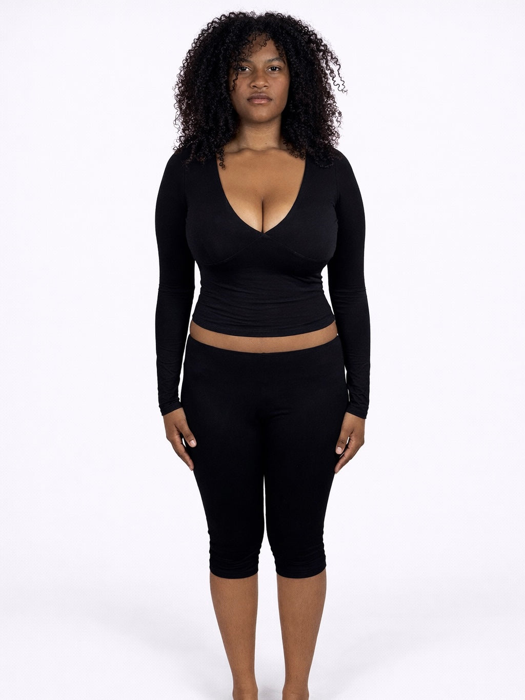 sculpt v-neck long sleeve capri set — black
