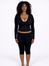 Sculpt V-Neck Long Sleeve Capri Set – Black