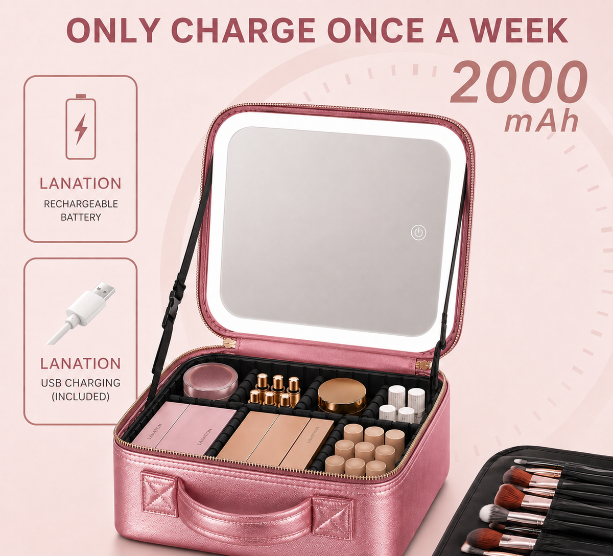 LED Vanity Bag interior compartments packed with makeup and beauty tools