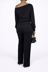 The Tie Draped Off-Shoulder Wide Leg Pants Set – Black