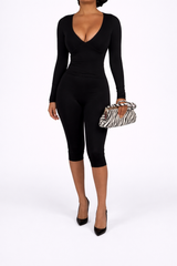 Sculpt V-Neck Long Sleeve Capri Set – Black
