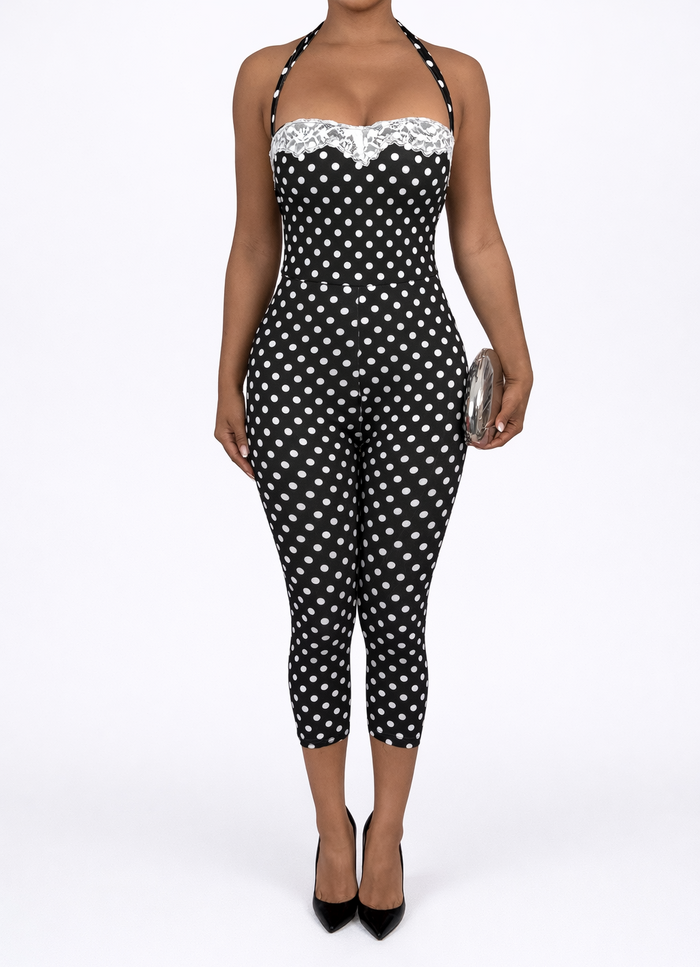 the dotty polka dot halter romper — black/white