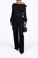 The Tie Draped Off-Shoulder Wide Leg Pants Set – Black